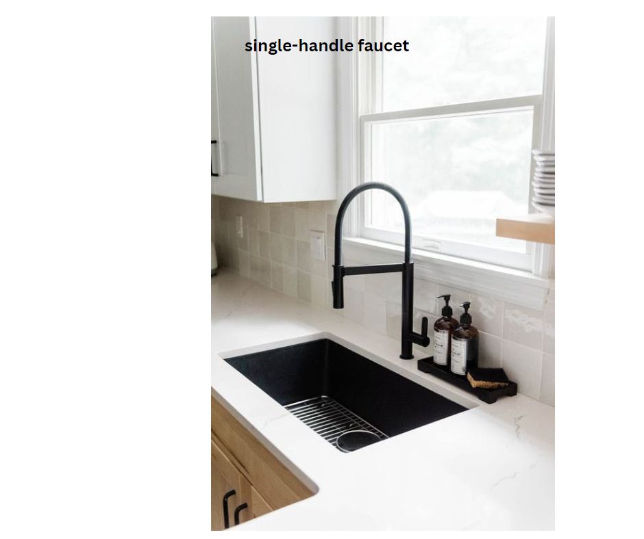 single-handle black kitchen faucet.